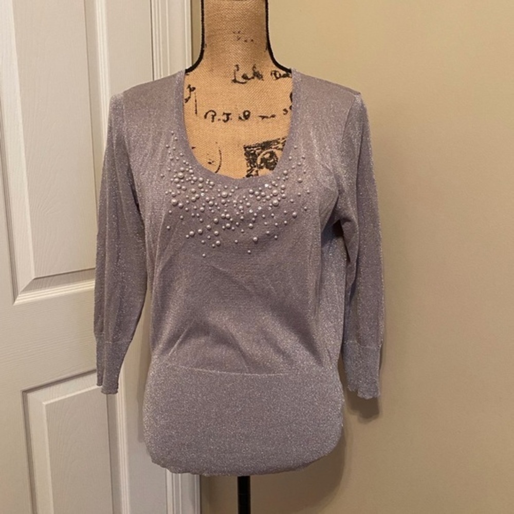 August Silk Silver Pearl and sequin Scoop Neck Pullover Sweater Size L - Picture 2 of 11